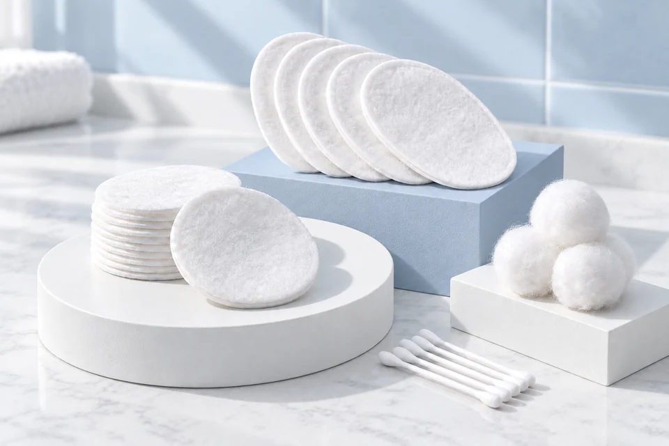 Illustration générée par IA de disques, de boules et de cotons-tiges sur des socles dans un décor de salle de bain bleu poudré.