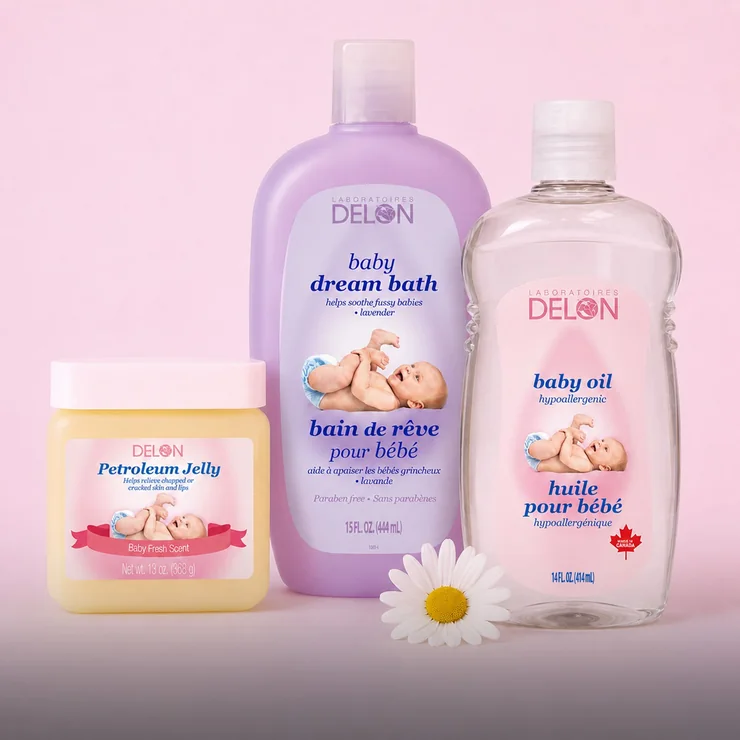 Bain pour bébé, huile pour bébé et gelée de pétrole fabriqués par Delon
