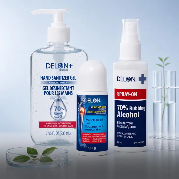 Désinfectant pour les mains, gel de soulagement musculaire et alcool à friction fabriqués par Delon